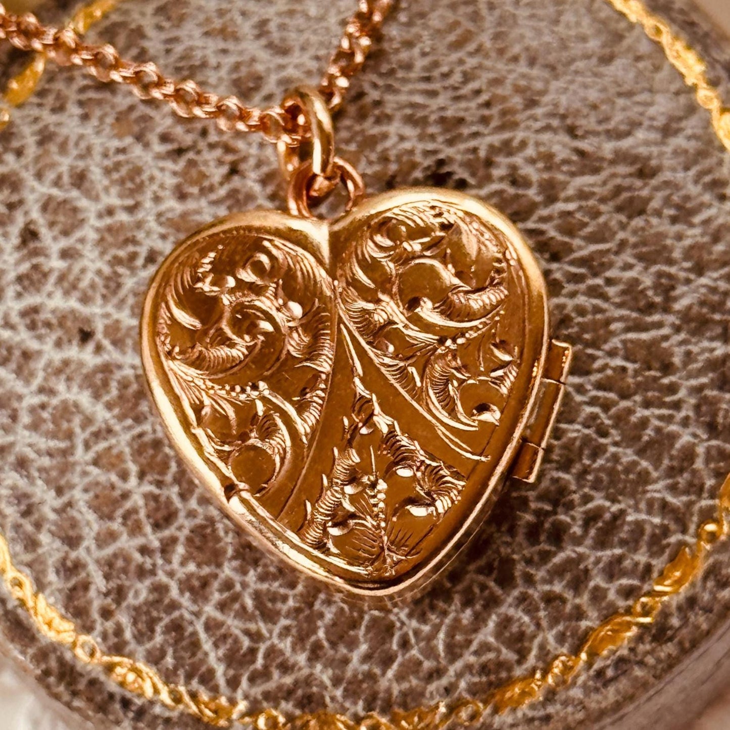 Antique Victorian Rolled Rose Gold Heart Locket & Chain: 2-Sided Floral Engraved Pendant Necklace