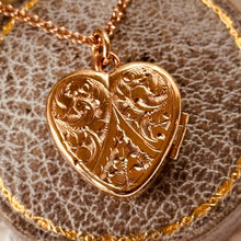 Load image into Gallery viewer, Antique Victorian Rolled Rose Gold Heart Locket &amp; Chain: 2-Sided Floral Engraved Pendant Necklace
