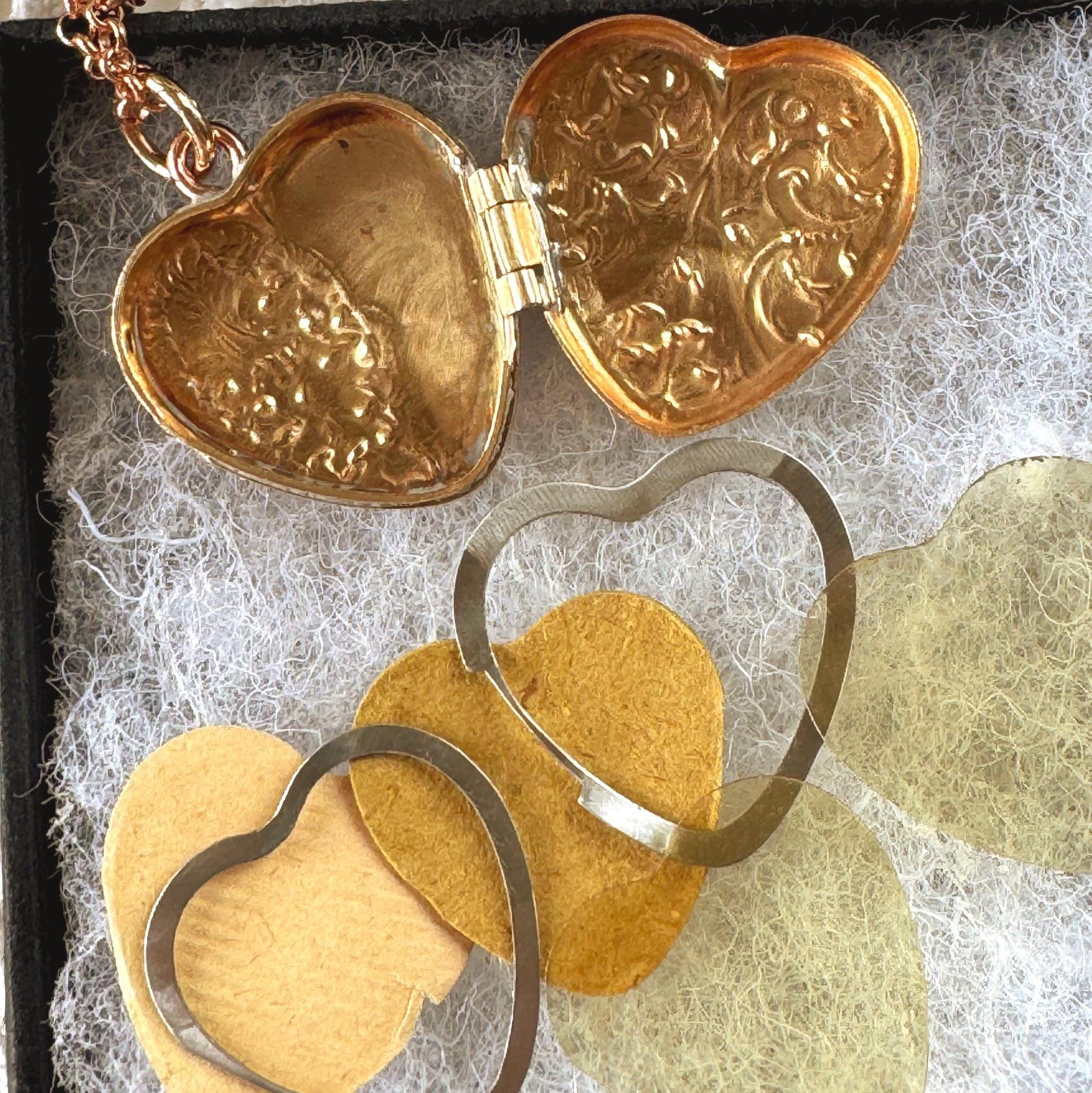 Antique Victorian Rolled Rose Gold Heart Locket & Chain: 2-Sided Floral Engraved Pendant Necklace