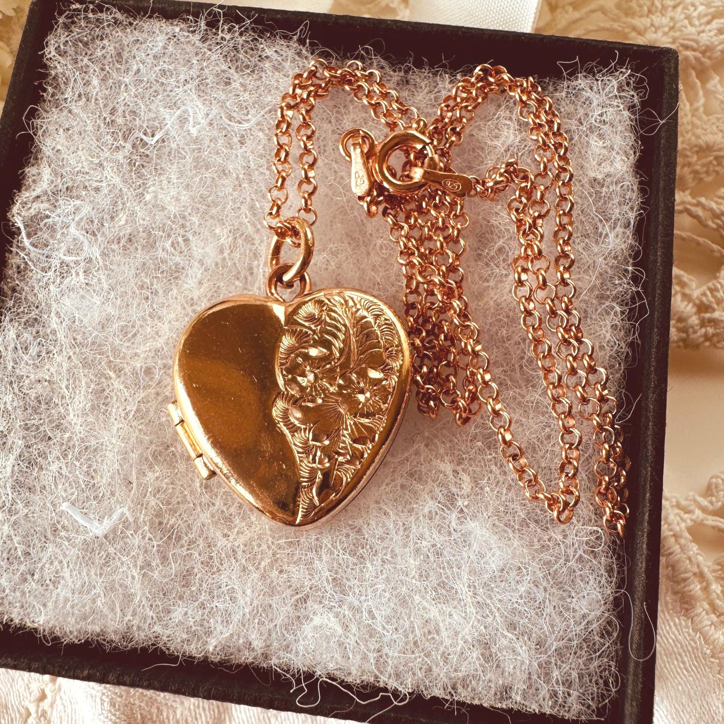 Antique Victorian Rolled Rose Gold Heart Locket & Chain: 2-Sided Floral Engraved Pendant Necklace