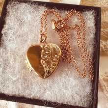 Load image into Gallery viewer, Antique Victorian Rolled Rose Gold Heart Locket &amp; Chain: 2-Sided Floral Engraved Pendant Necklace
