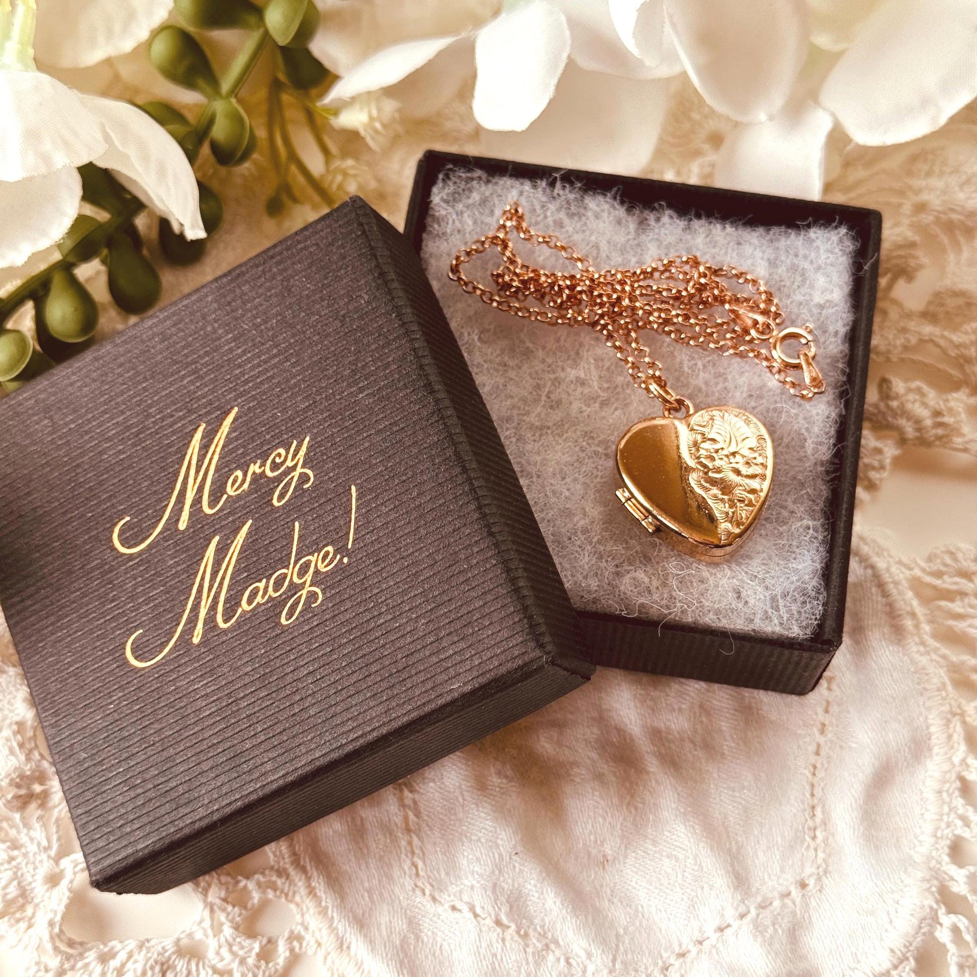 Antique Victorian Rolled Rose Gold Heart Locket & Chain: 2-Sided Floral Engraved Pendant Necklace