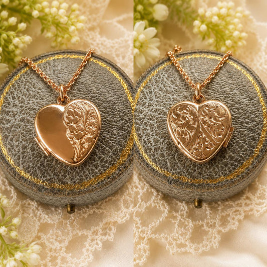 Antique Victorian Rolled Rose Gold Heart Locket & Chain: 2-Sided Floral Engraved Pendant Necklace