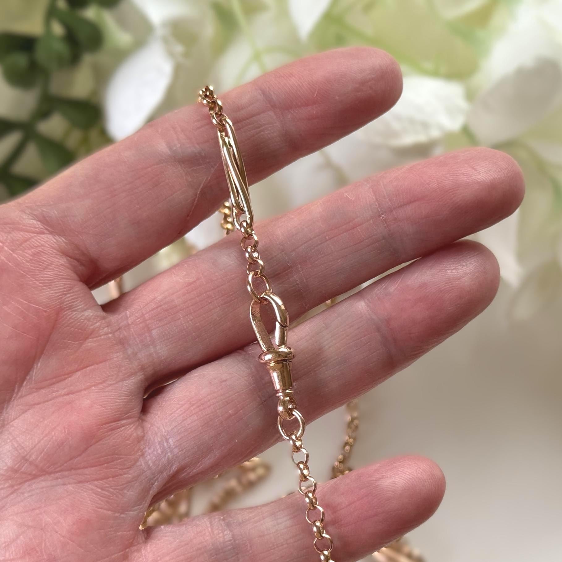 Antique Victorian Solid 9ct Rose Gold 60" Guard Chain Necklace, Fancy Trombone Link Belcher Muff Chain