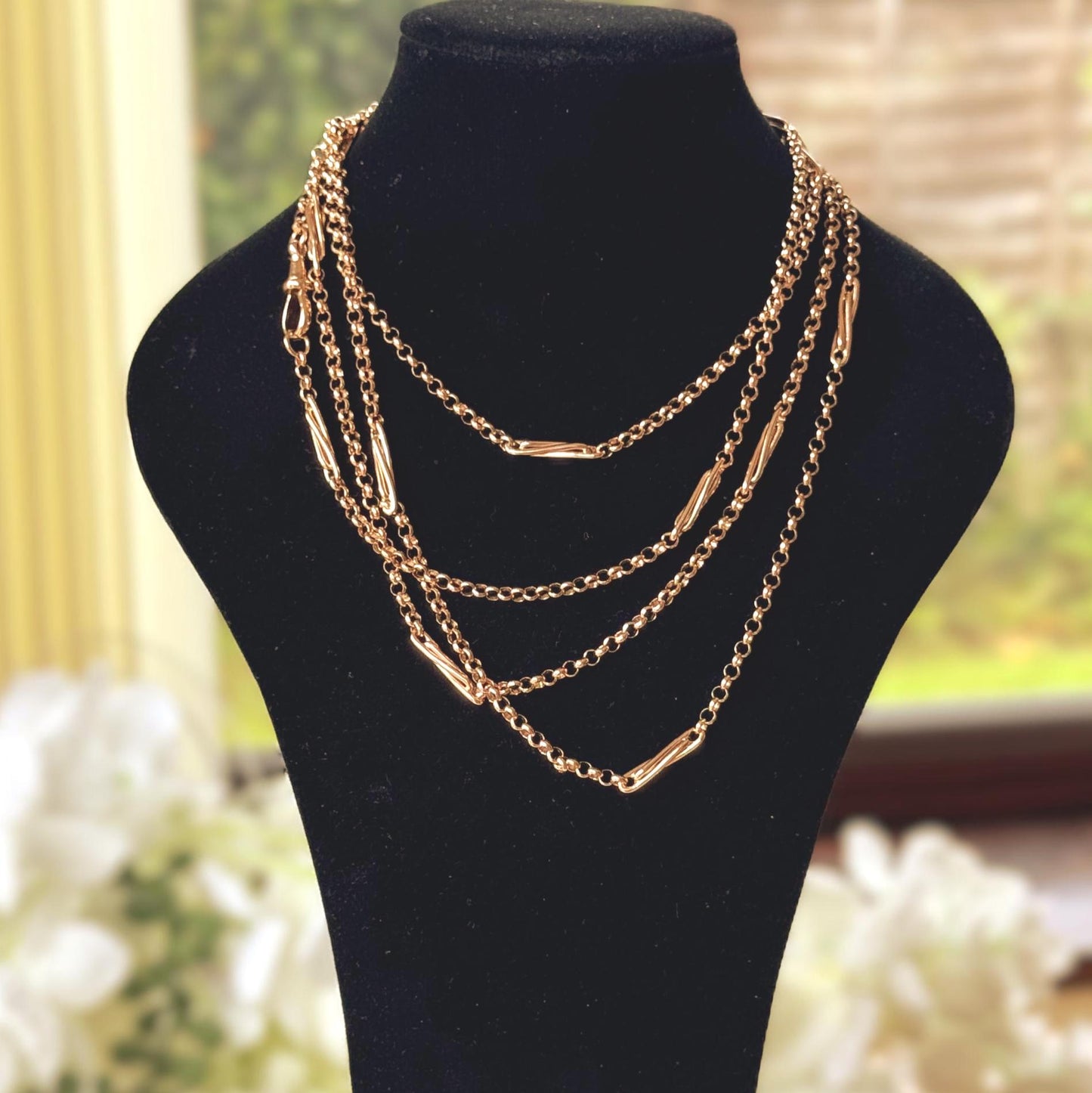 Antique Victorian Solid 9ct Rose Gold 60" Guard Chain Necklace, Fancy Trombone Link Belcher Muff Chain