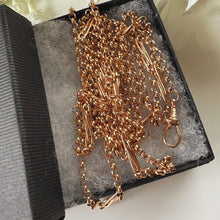 Load image into Gallery viewer, Antique Victorian Solid 9ct Rose Gold 60" Guard Chain Necklace, Fancy Trombone Link Belcher Muff Chain
