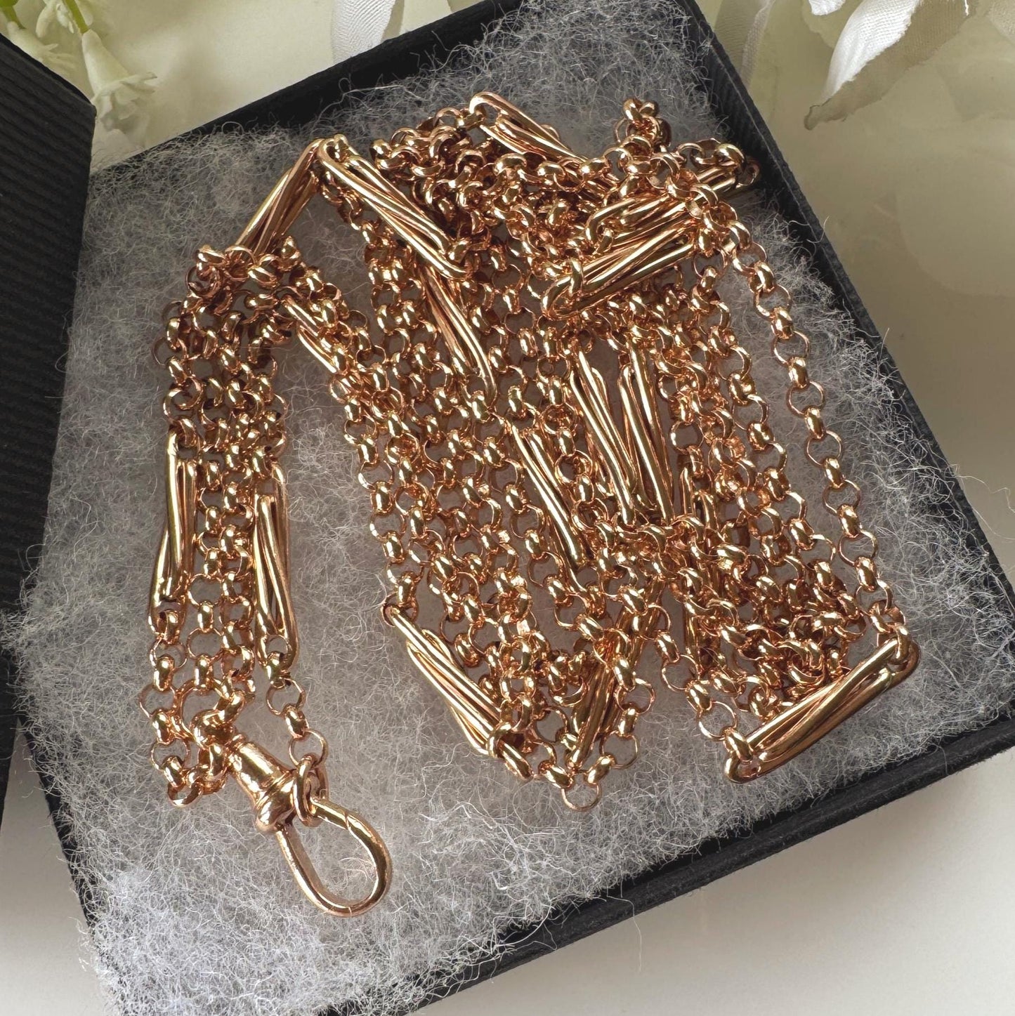 Antique Victorian Solid 9ct Rose Gold 60" Guard Chain Necklace, Fancy Trombone Link Belcher Muff Chain