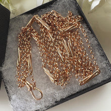 Load image into Gallery viewer, Antique Victorian Solid 9ct Rose Gold 60" Guard Chain Necklace, Fancy Trombone Link Belcher Muff Chain
