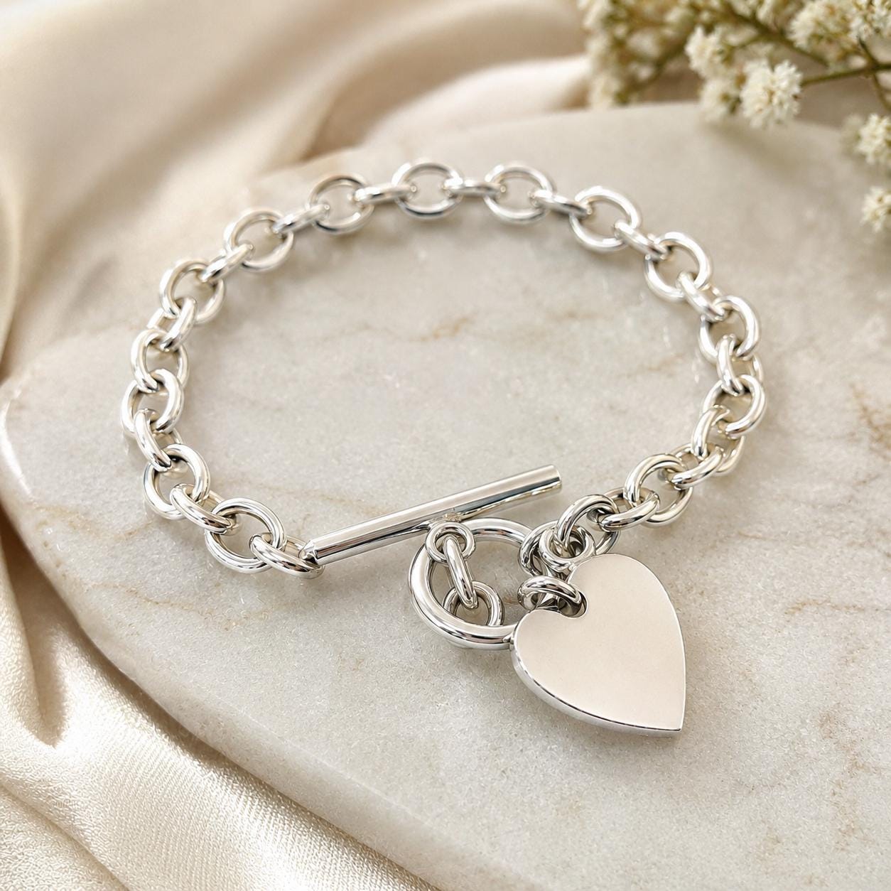 Vintage Sterling Silver Heart Charm Bracelet | English Hallmarked Sweetheart Toggle Bracelet