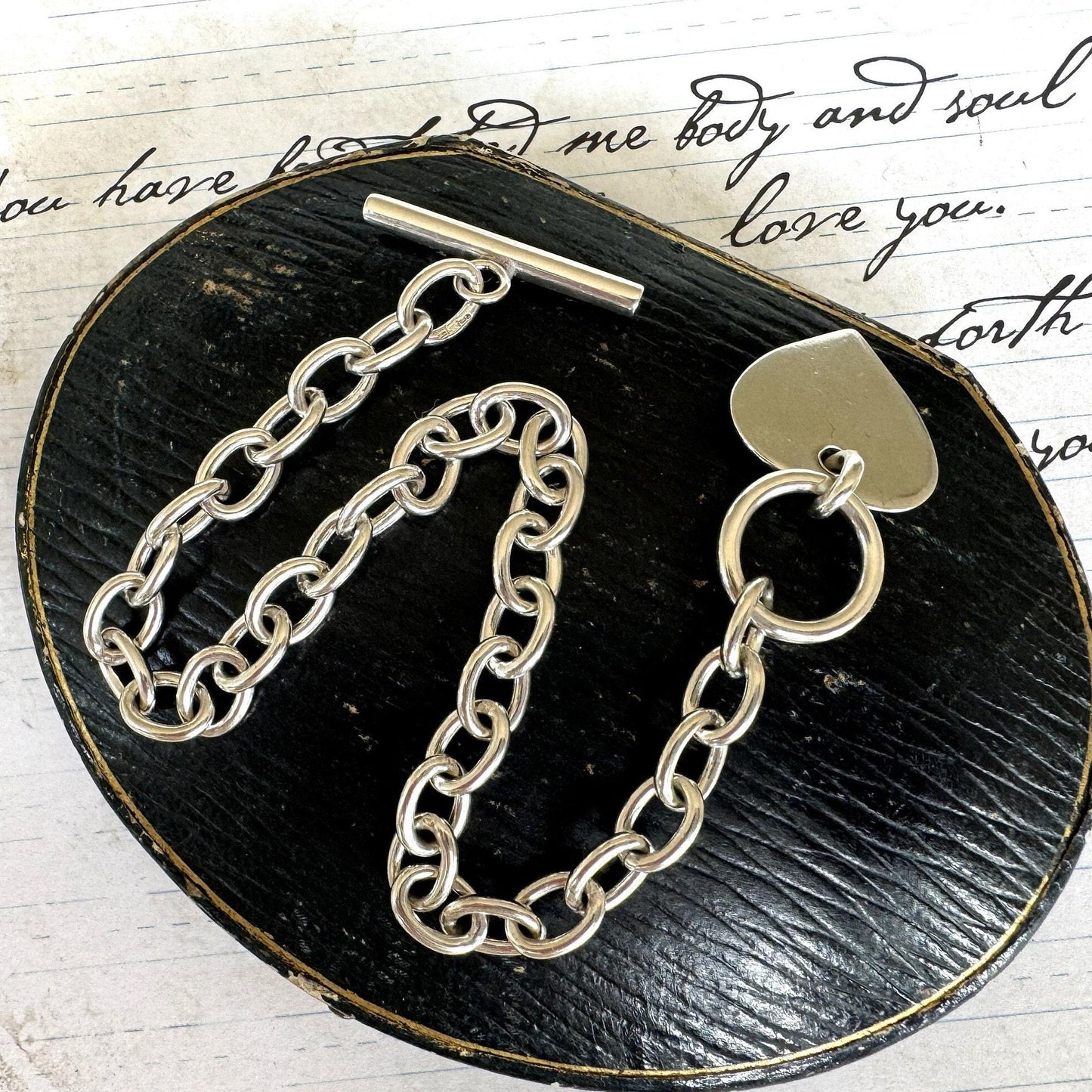 Vintage Sterling Silver Heart Charm Bracelet | English Hallmarked Sweetheart Toggle Bracelet