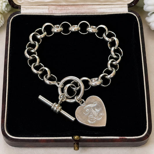 Antique Sterling Silver Belcher Watch Chain Bracelet With Heart Charm