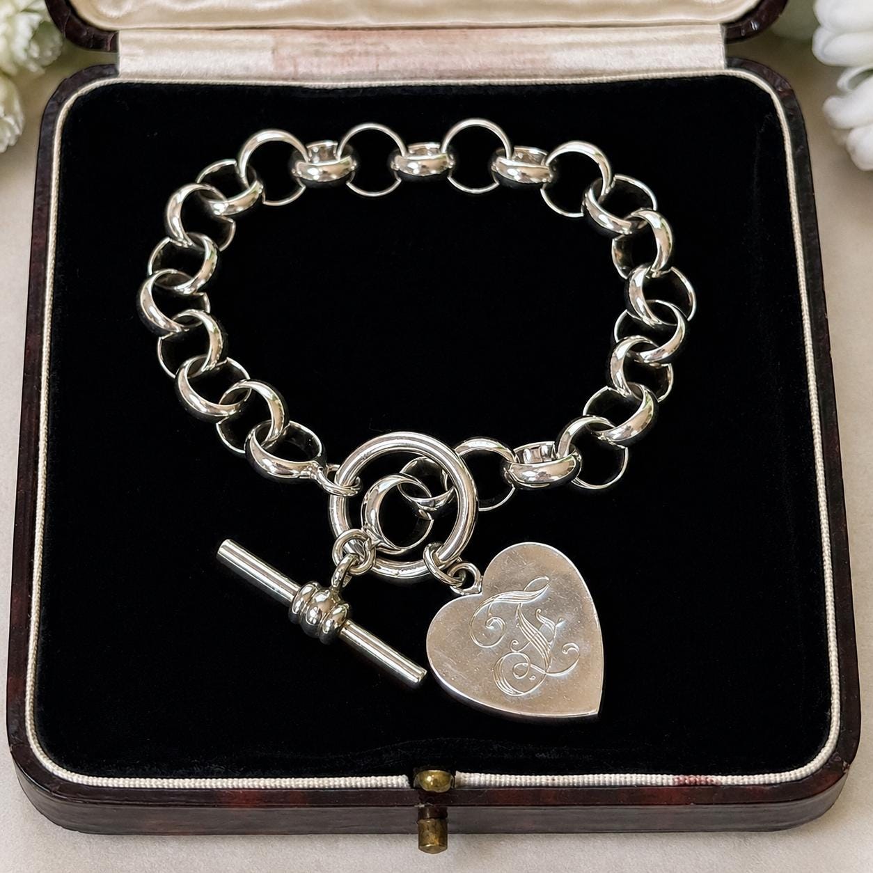 Chunky Victorian Sterling Silver Belcher Bracelet With Heart Charm