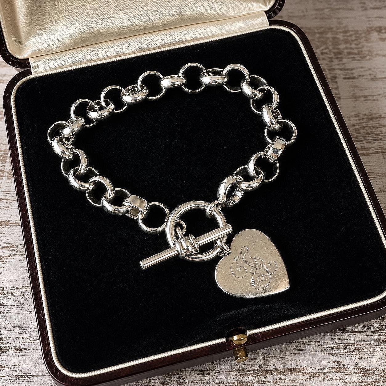 Chunky Victorian Sterling Silver Belcher Bracelet With Heart Charm