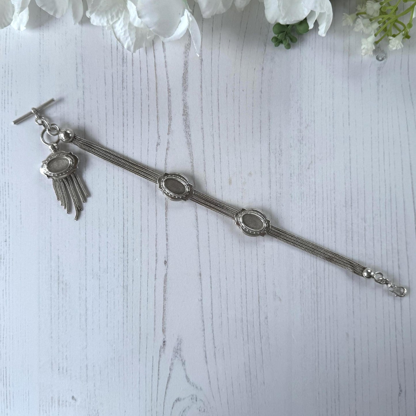 Antique Victorian Sterling Silver Albertina with Sliding Charms and Tassel, Circa 1840