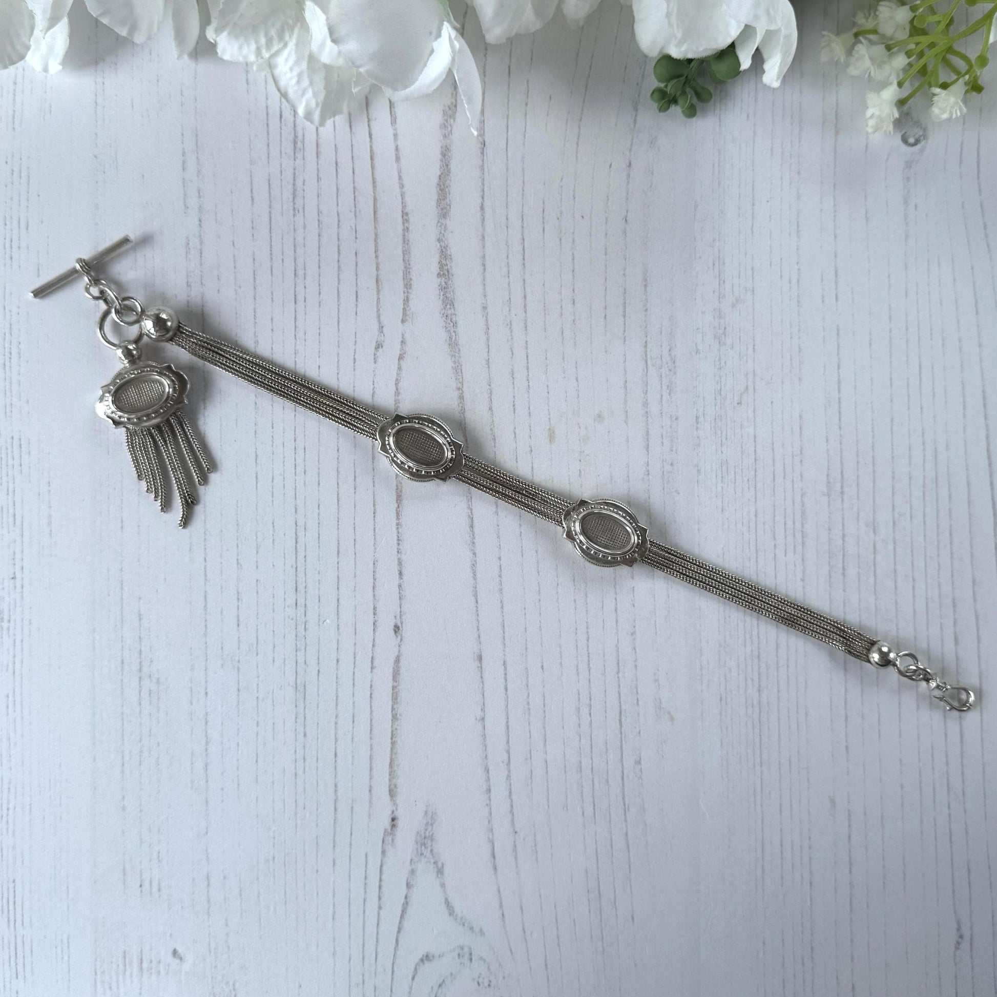 Antique Victorian Sterling Silver Albertina with Sliding Charms and Tassel, Circa 1840
