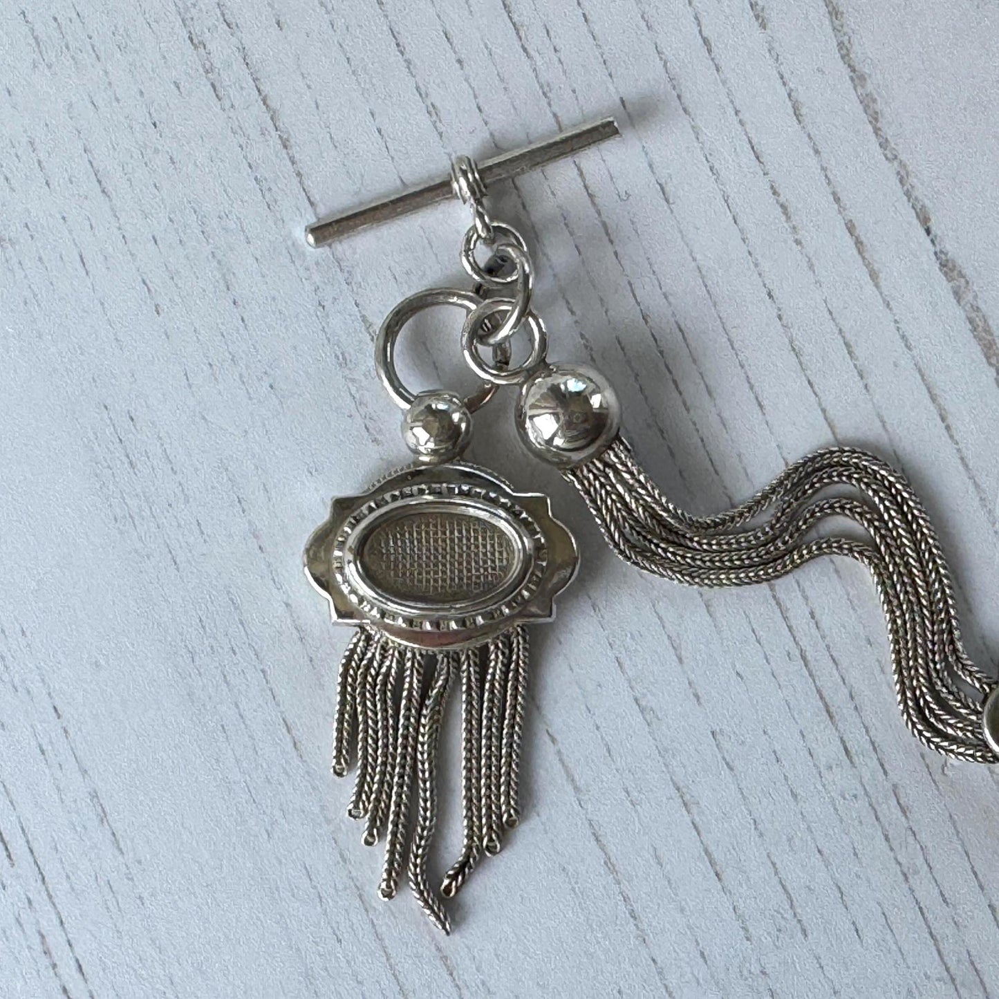 Antique Victorian Sterling Silver Albertina with Sliding Charms and Tassel, Circa 1840
