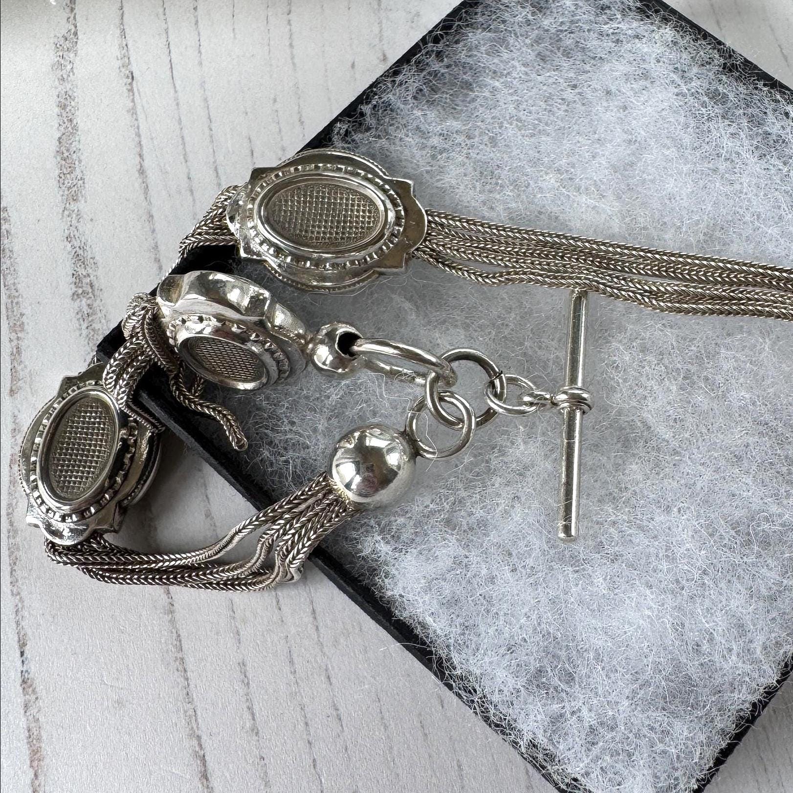 Antique Victorian Sterling Silver Albertina with Sliding Charms and Tassel, Circa 1840
