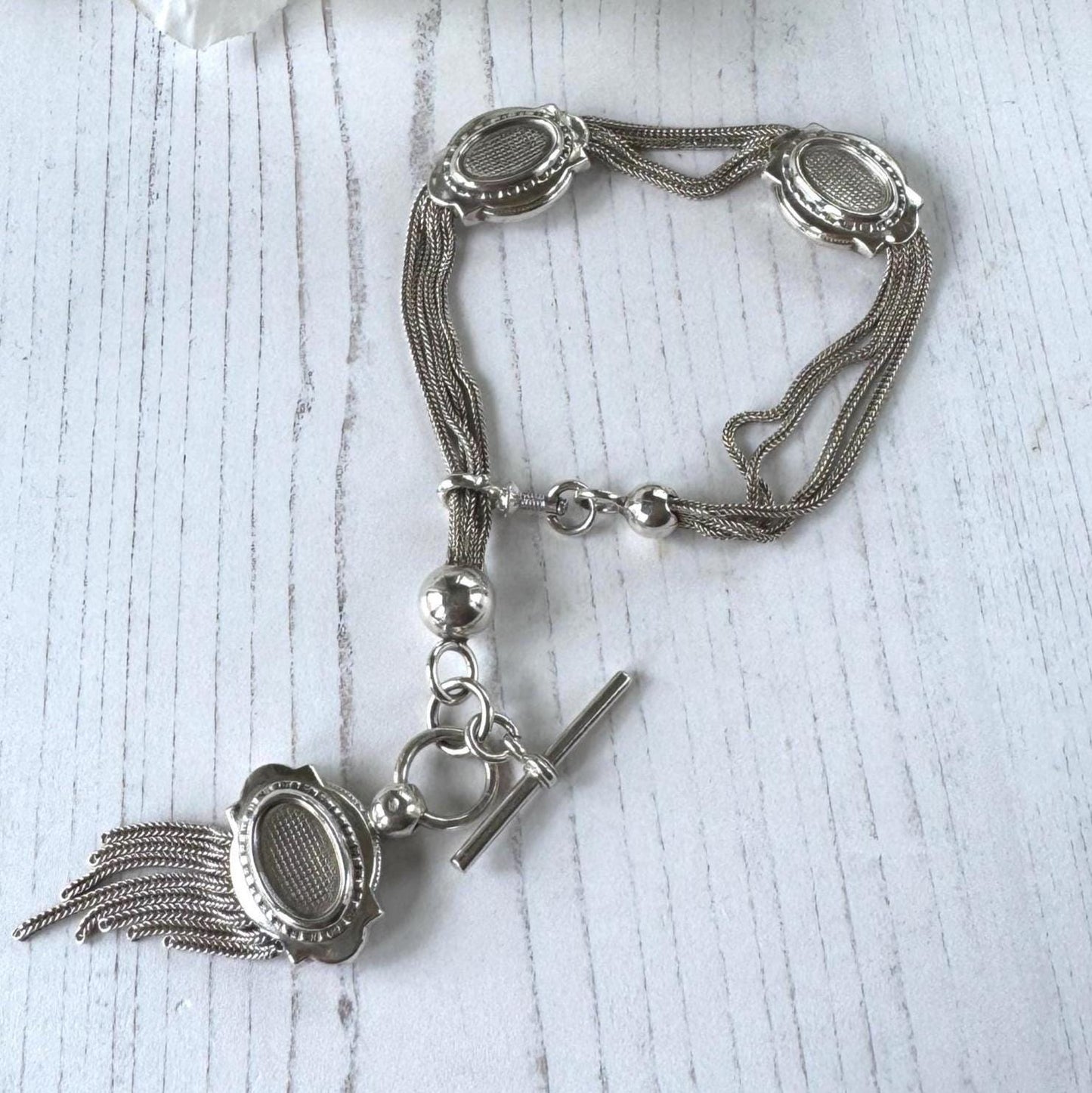 Antique Victorian Sterling Silver Albertina with Sliding Charms and Tassel, Circa 1840