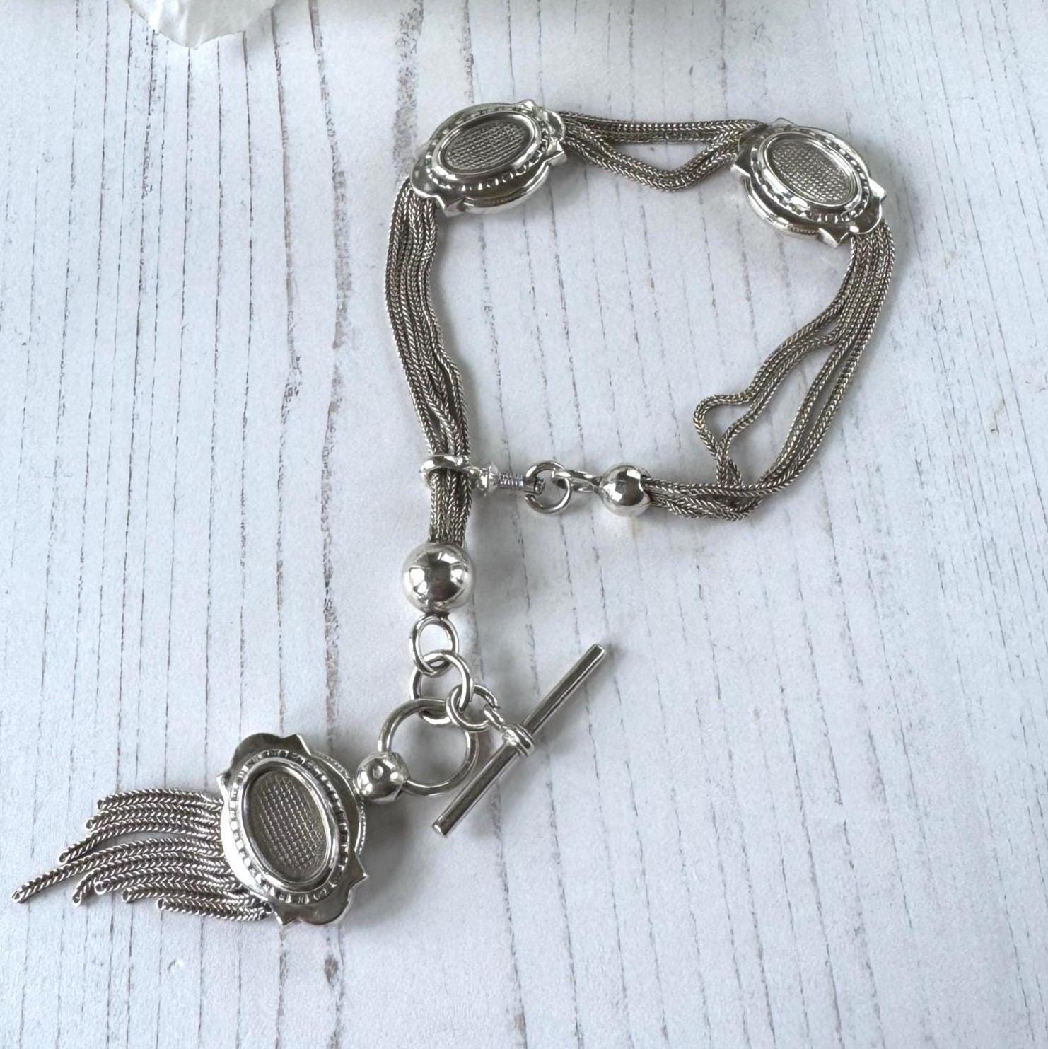 Antique Victorian Sterling Silver Albertina with Sliding Charms and Tassel, Circa 1840