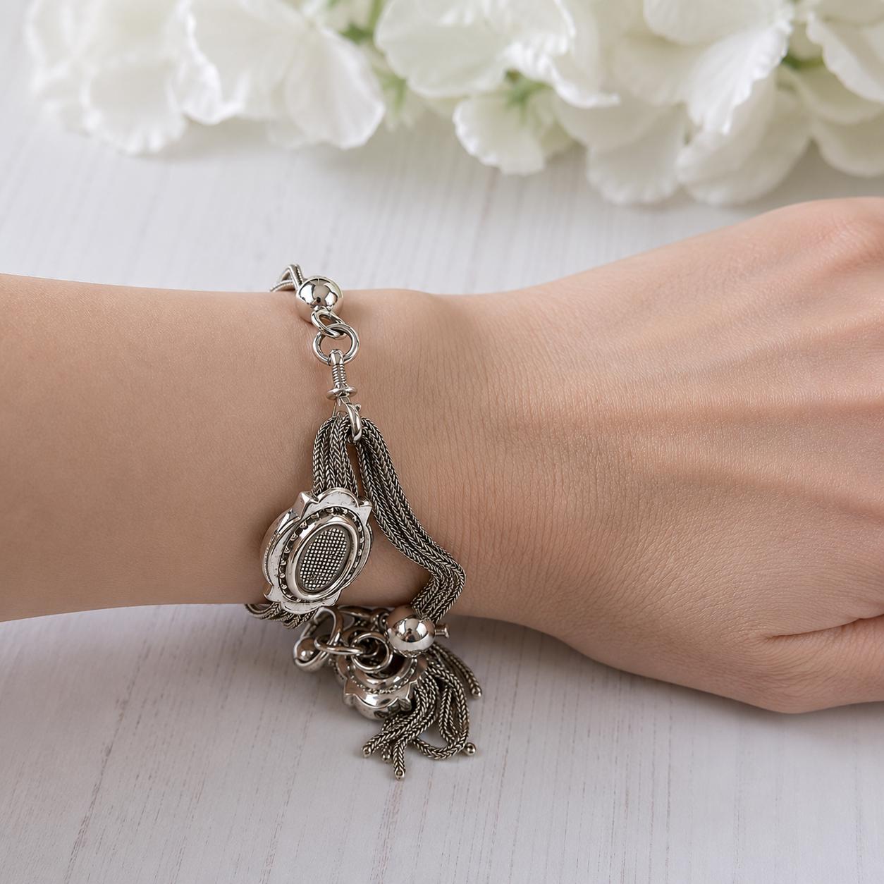 Antique Victorian Sterling Silver Albertina with Sliding Charms and Tassel, Circa 1840