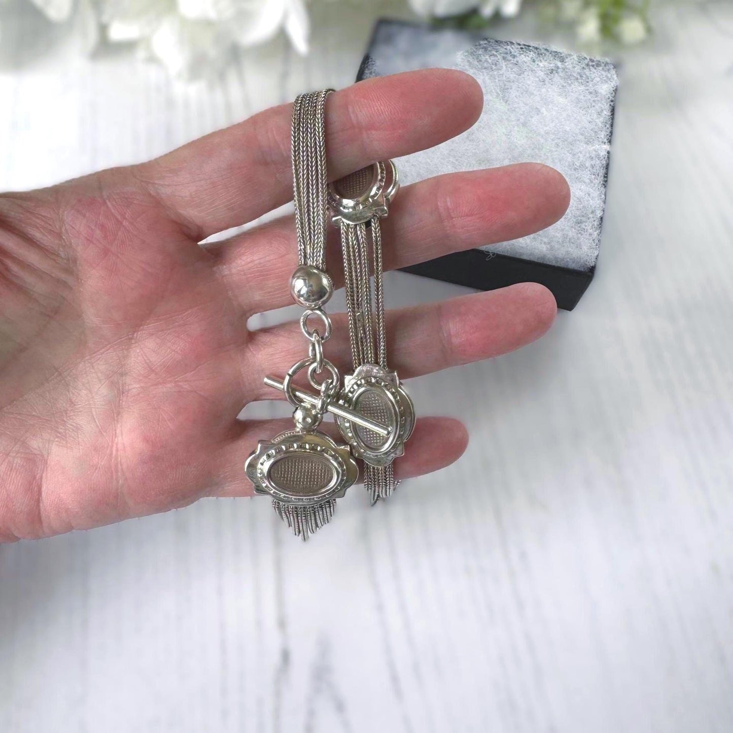 Antique Victorian Sterling Silver Albertina with Sliding Charms and Tassel, Circa 1840