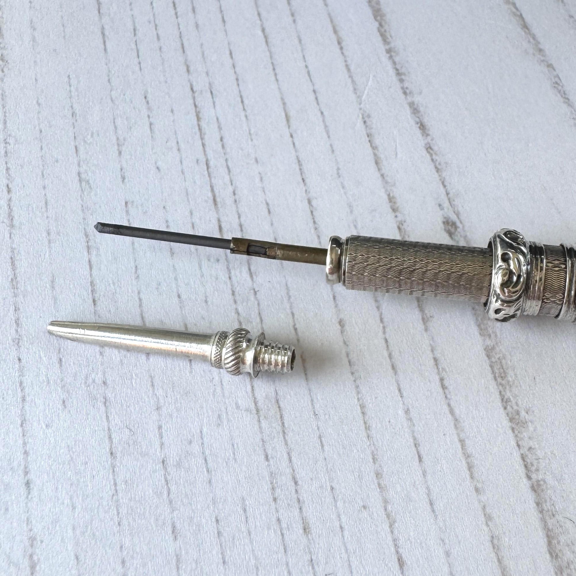 Antique Victorian Sterling Silver Propelling Pencil Pendant, Rare Seal Matrix & Hidden Lead Reservoir c1890