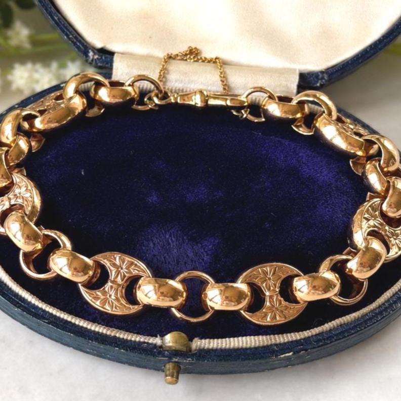 Antique Victorian Heavy 9ct Rose Gold Belcher Bracelet with Floral Engraved Anchor Links