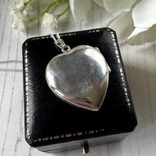 Load image into Gallery viewer, Vintage 1975 Sterling Silver Floral Engraved Heart Locket Necklace. Antique Style Sweetheart Pendant &amp; Chain.
