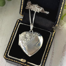 Load image into Gallery viewer, Vintage 1975 Sterling Silver Floral Engraved Heart Locket Necklace. Antique Style Sweetheart Pendant &amp; Chain.
