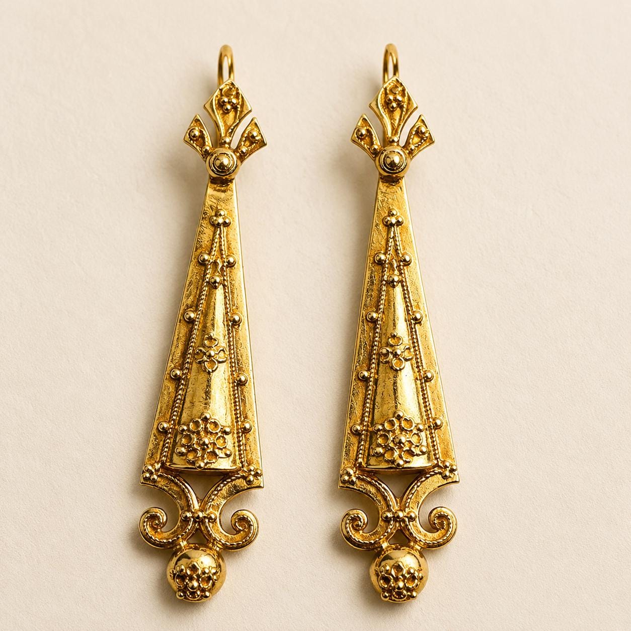 Antique Victorian 9ct Gold Archaeological Revival Earrings, Etruscan Statement Drops c1880
