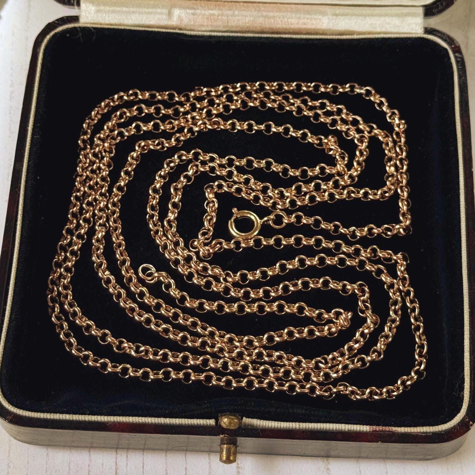 Antique Victorian 9ct Rose Rolled Gold Guard Chain. 56" (142cm) Belcher/Rolo Link Gold-Filled Muff Chain Necklace