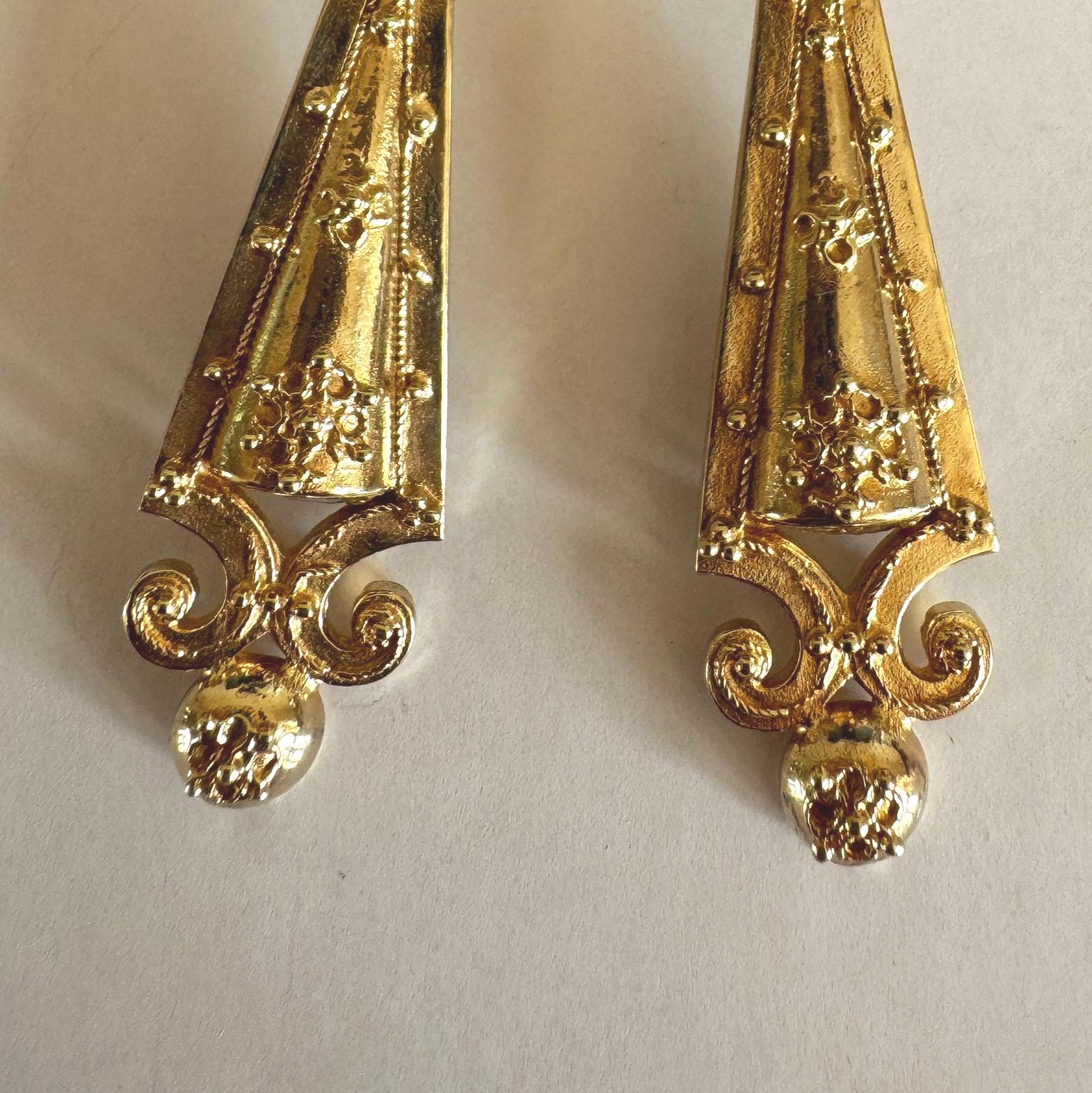 Antique Victorian 9ct Gold Archaeological Revival Earrings, Etruscan Statement Drops c1880