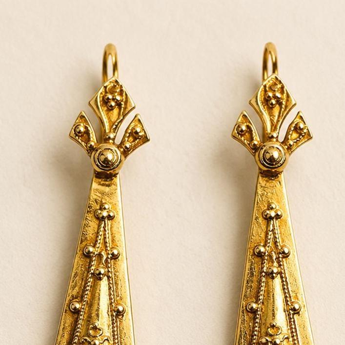 Antique Victorian 9ct Gold Archaeological Revival Earrings, Etruscan Statement Drops c1880