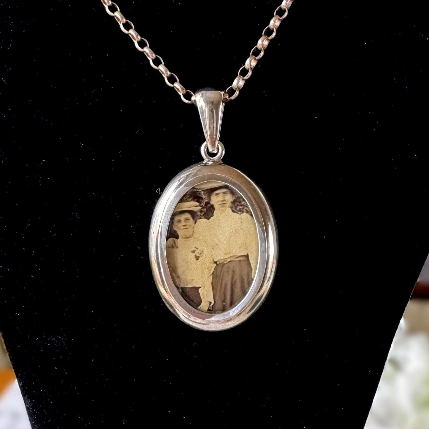 Large Antique Victorian Sterling Silver Photo Locket Pendant, Engraved Oval Keepsake