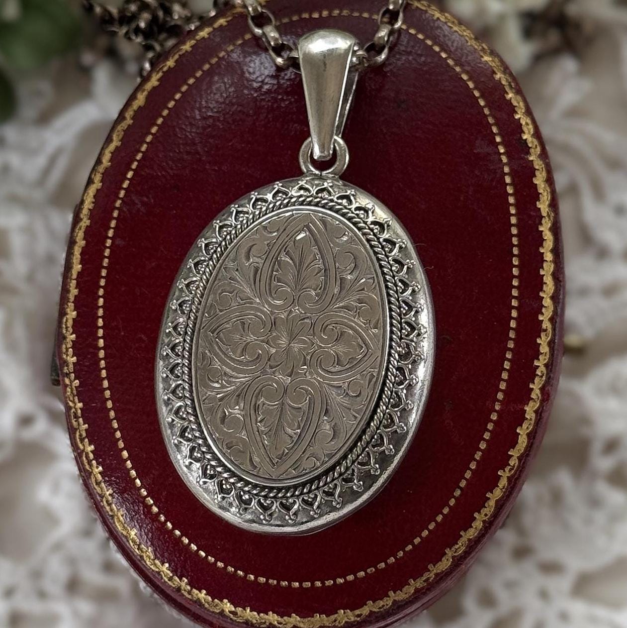 Large Antique Victorian Sterling Silver Photo Locket Pendant, Engraved Oval Keepsake