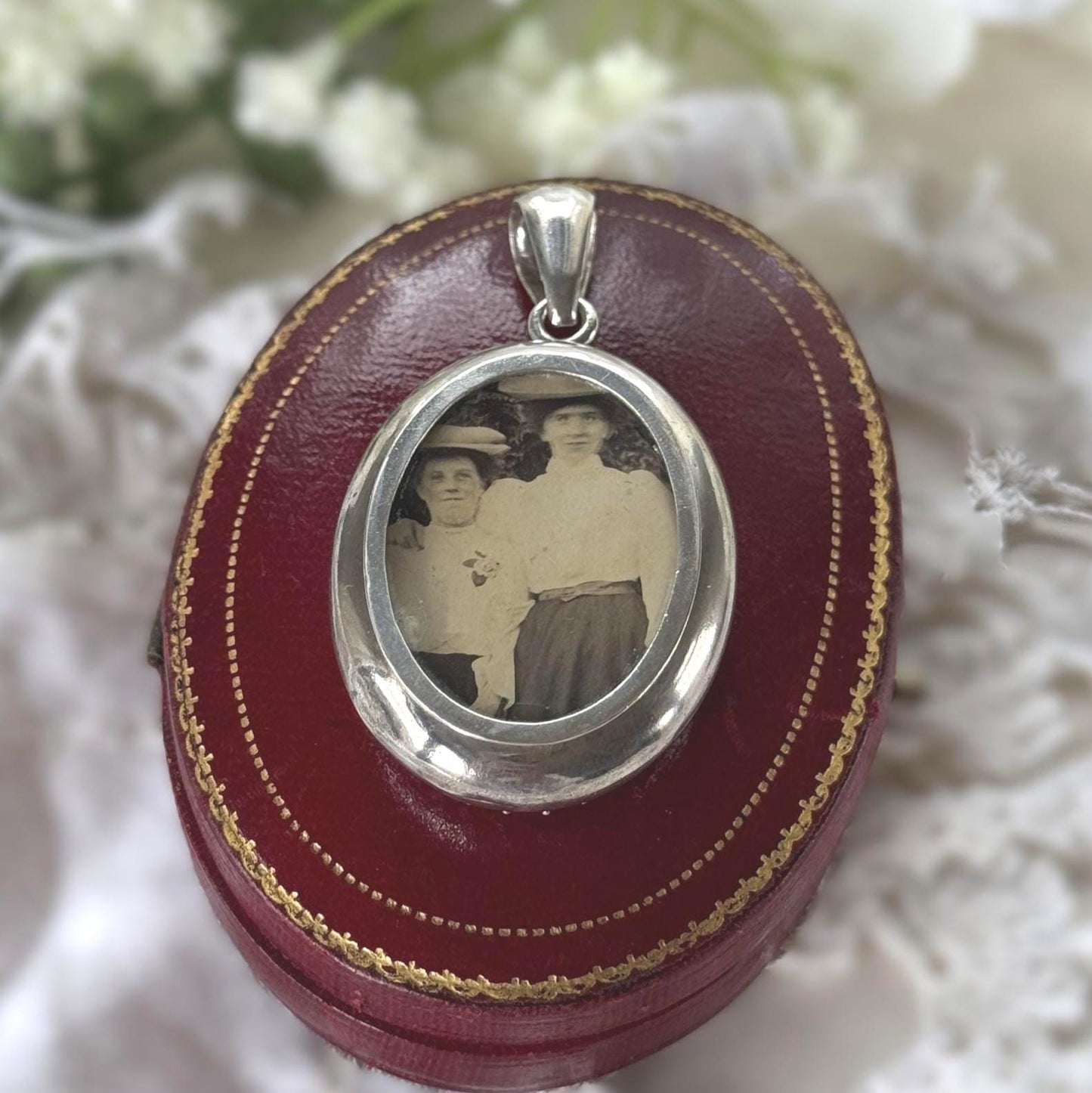 Large Antique Victorian Sterling Silver Photo Locket Pendant, Engraved Oval Keepsake