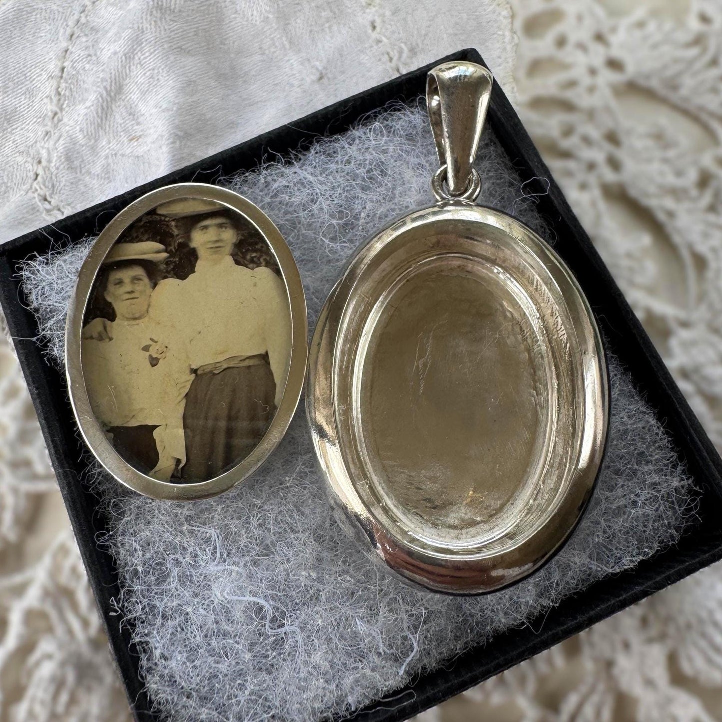 Large Antique Victorian Sterling Silver Photo Locket Pendant, Engraved Oval Keepsake
