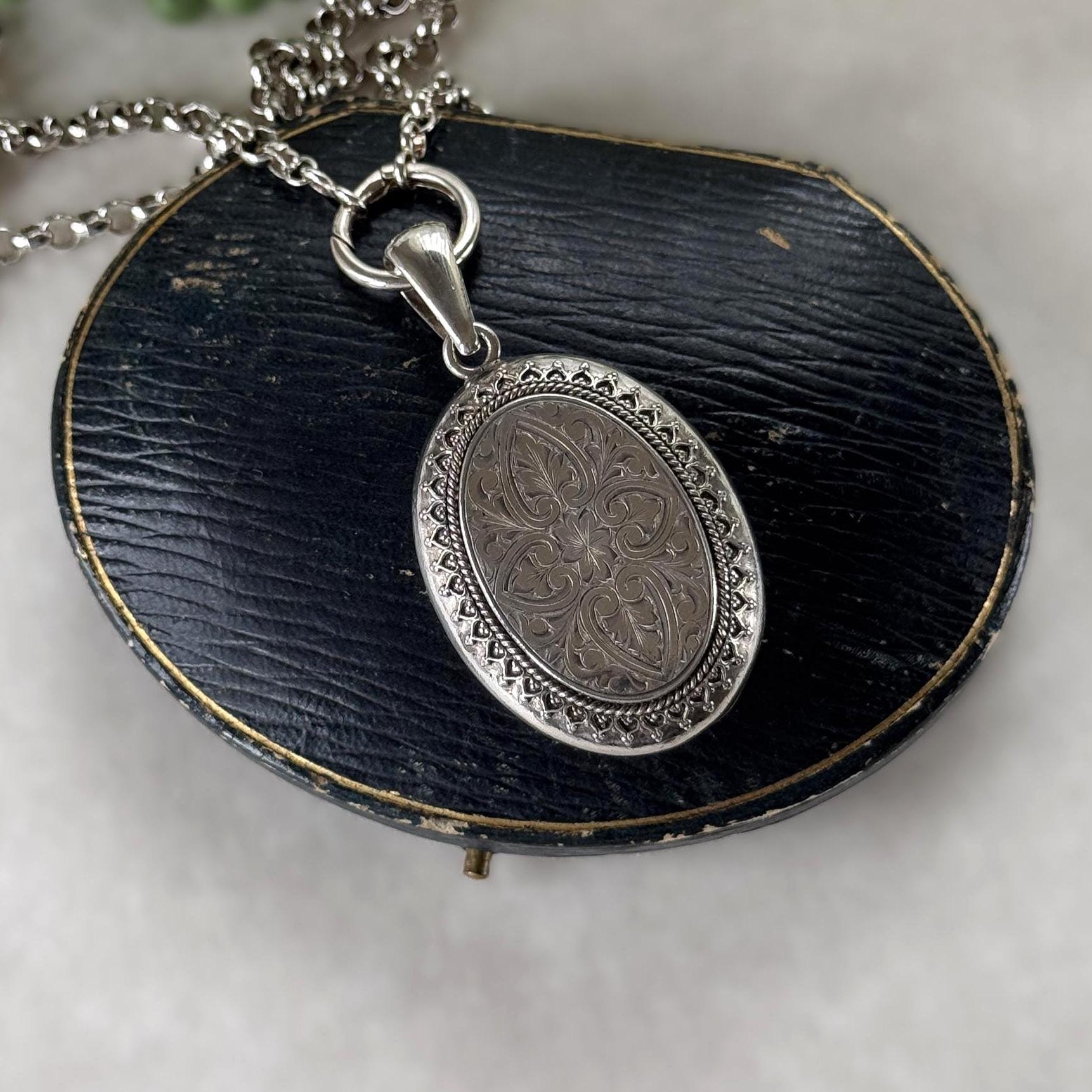 Large Antique Victorian Sterling Silver Photo Locket Pendant, Engraved Oval Keepsake