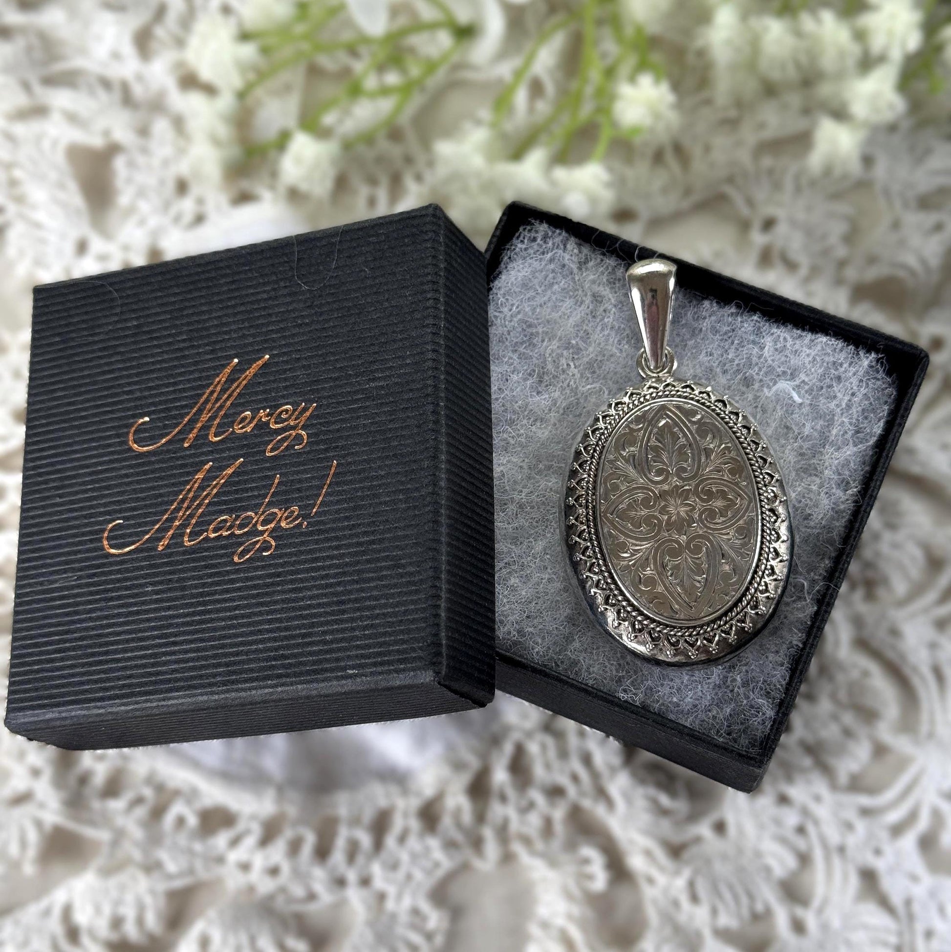 Large Antique Victorian Sterling Silver Photo Locket Pendant, Engraved Oval Keepsake