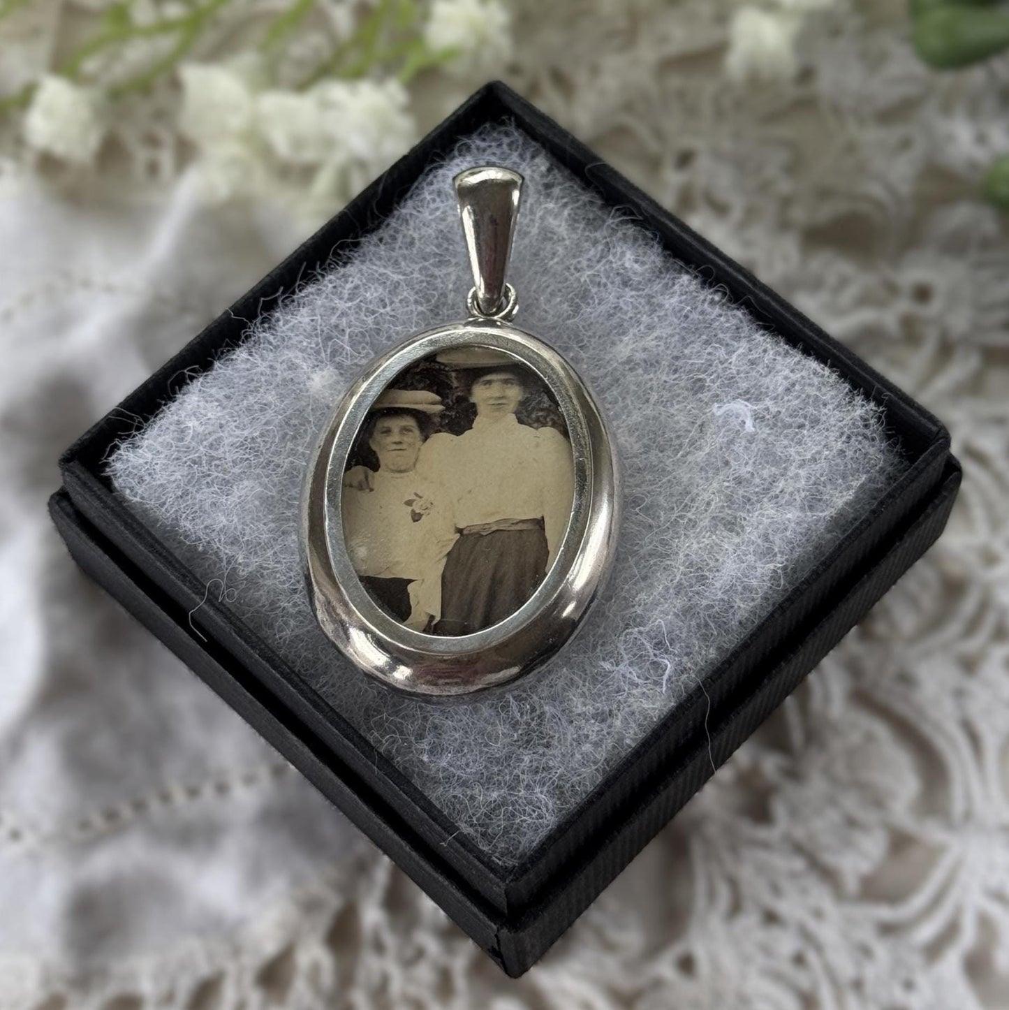 Large Antique Victorian Sterling Silver Photo Locket Pendant, Engraved Oval Keepsake
