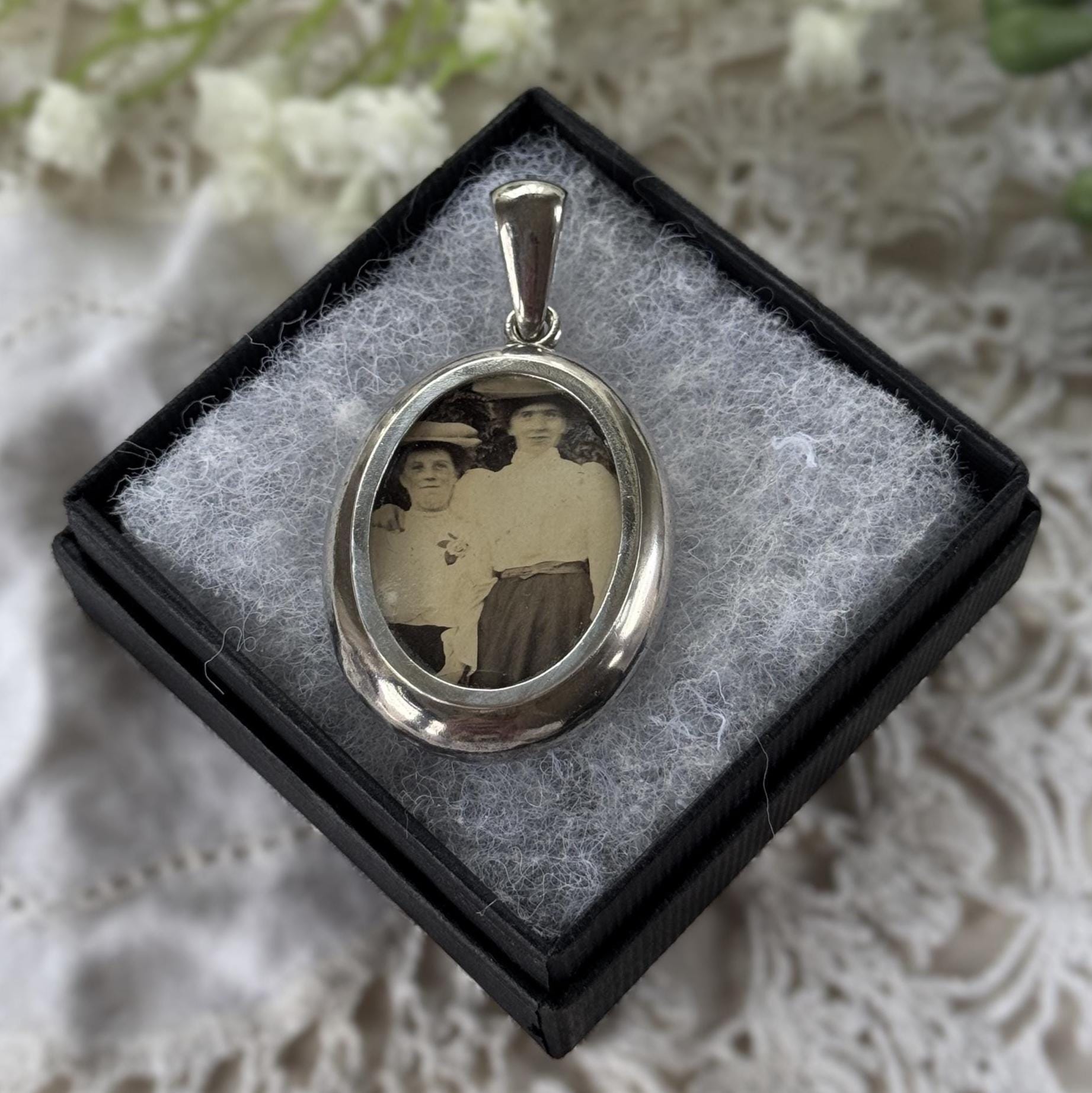 Large Antique Victorian Sterling Silver Photo Locket Pendant, Engraved Oval Keepsake