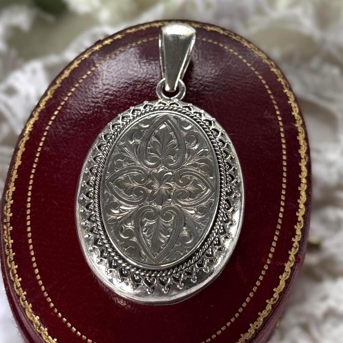 Large Antique Victorian Sterling Silver Photo Locket Pendant, Engraved Oval Keepsake