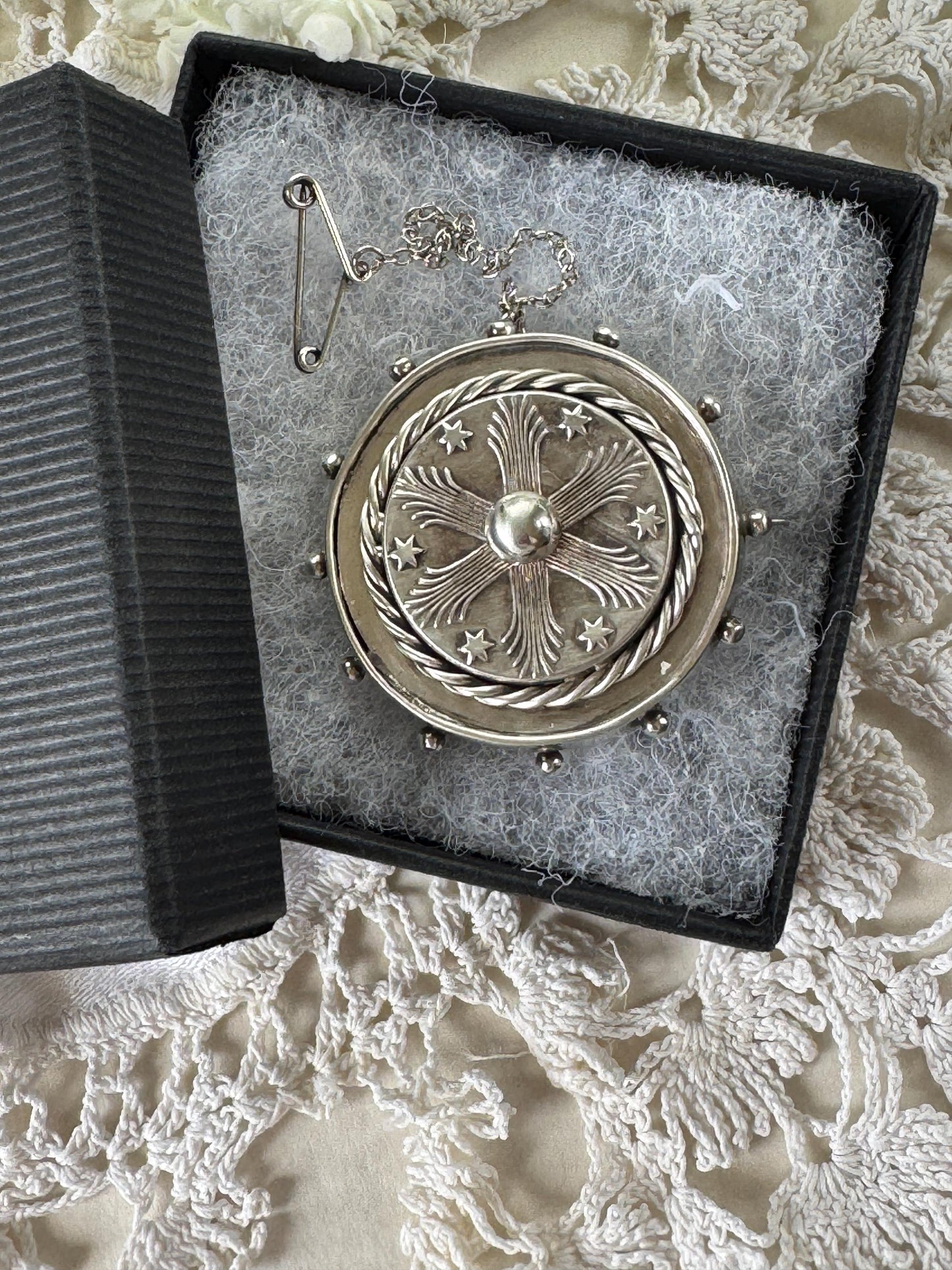 Antique Victorian Sterling Silver Keepsake Locket Brooch, Ship's Wheel Target Design. Aesthetic Movement Jewellery