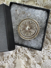Load image into Gallery viewer, Antique Victorian Sterling Silver Keepsake Locket Brooch, Ship's Wheel Target Design. Aesthetic Movement Jewellery
