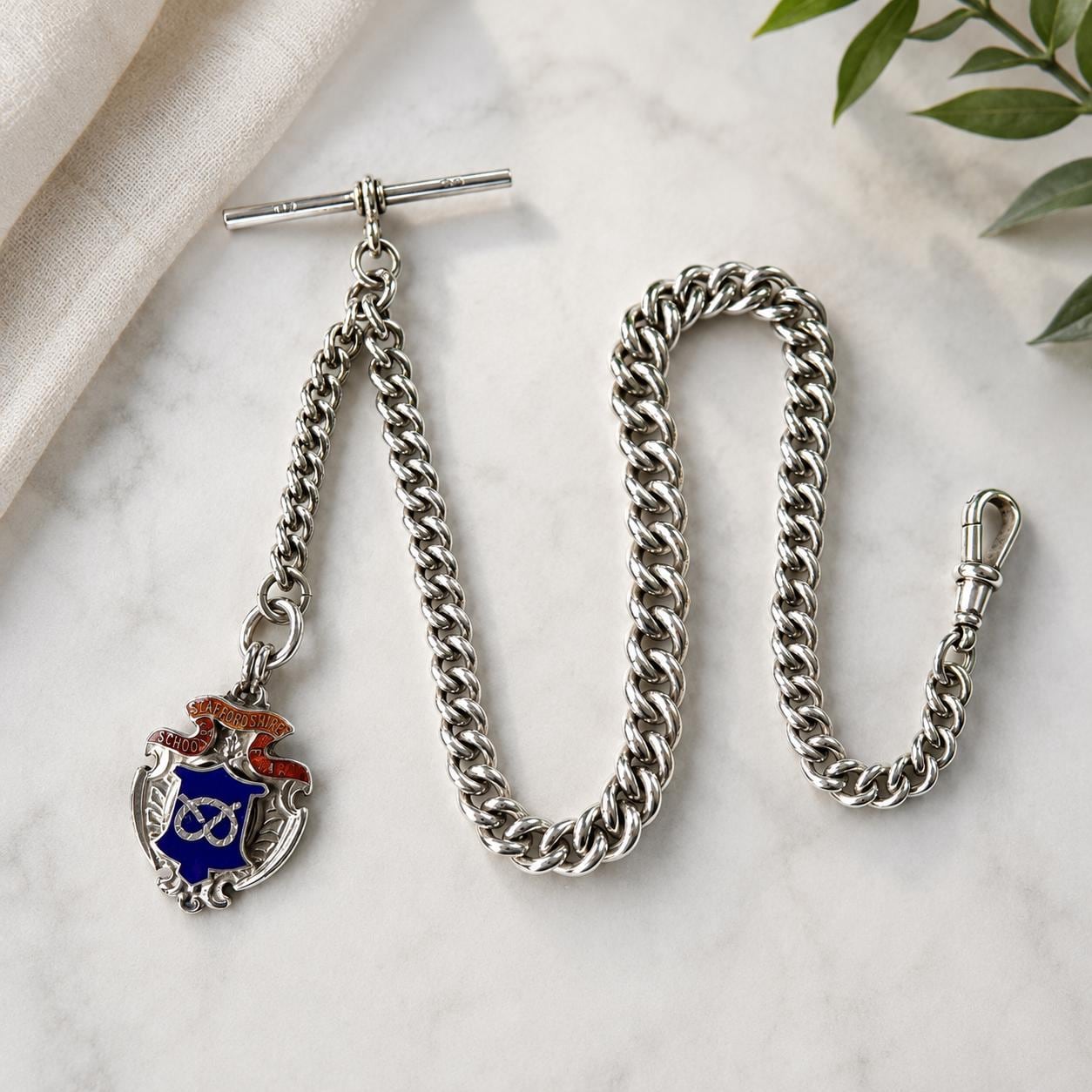 Antique Sterling Silver Albert Watch Chain, 1918, Staffordshire Schools Football Association Fob, 47.4g