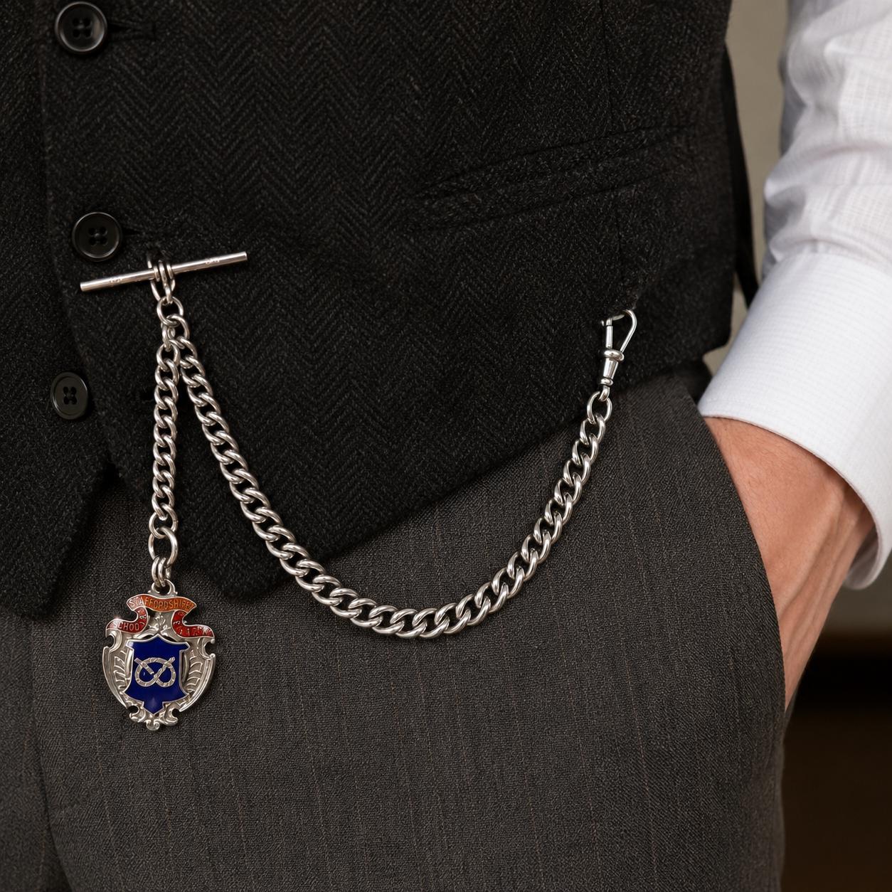 Antique Sterling Silver Albert Watch Chain, 1918, Staffordshire Schools Football Association Fob, 47.4g