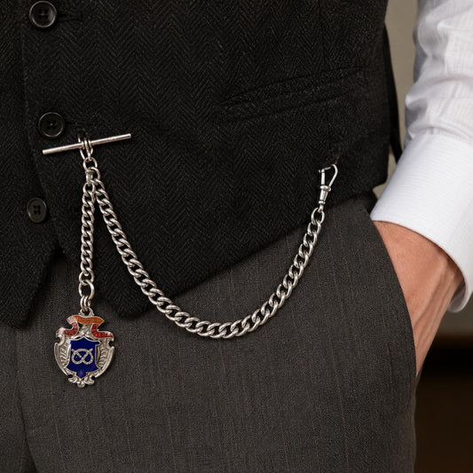 Antique Sterling Silver Albert Watch Chain, 1918, Staffordshire Schools Football Association Fob, 47.4g