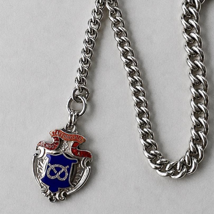 Antique Sterling Silver Albert Watch Chain, 1918, Staffordshire Schools Football Association Fob, 47.4g