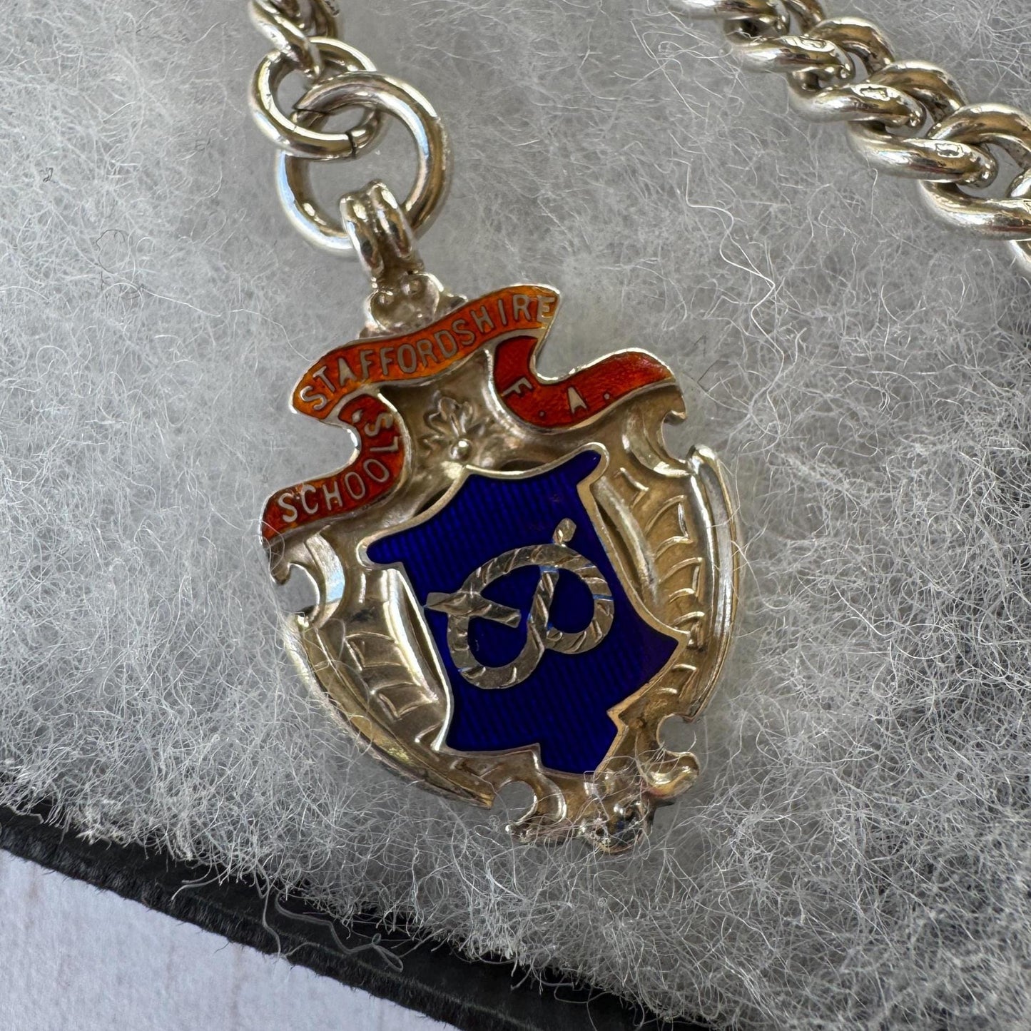 Antique Sterling Silver Albert Watch Chain, 1918, Staffordshire Schools Football Association Fob, 47.4g