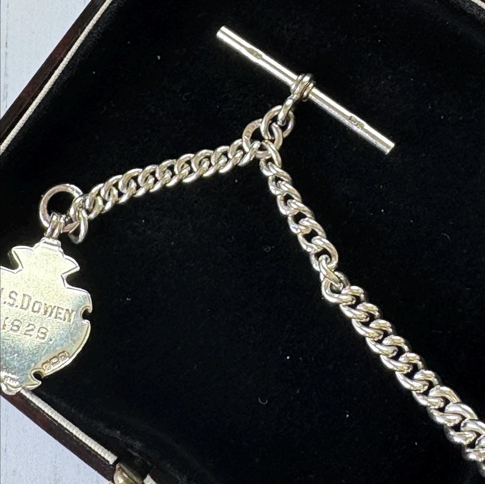 Antique Sterling Silver Albert Watch Chain, 1918, Staffordshire Schools Football Association Fob, 47.4g